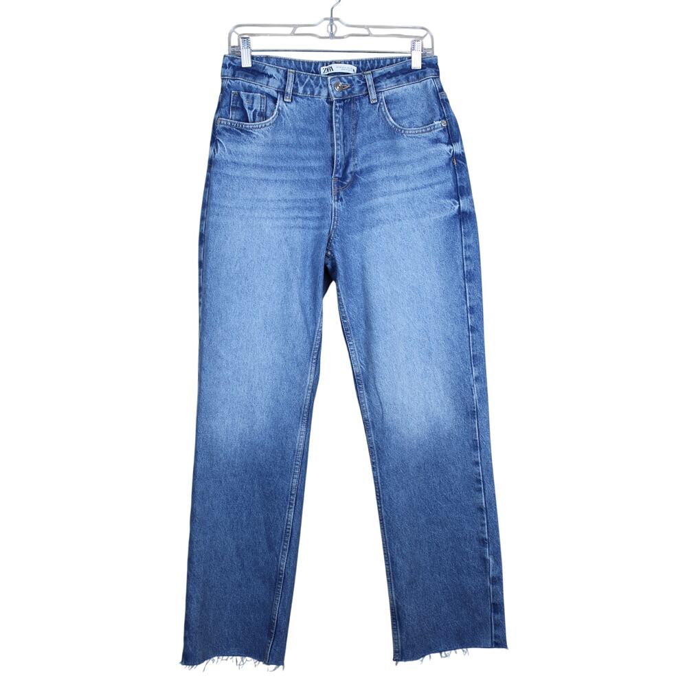 Zara Mediun Blue Wash Distressed Zip Up Straight Leg Casual Denim Jeans Size 6